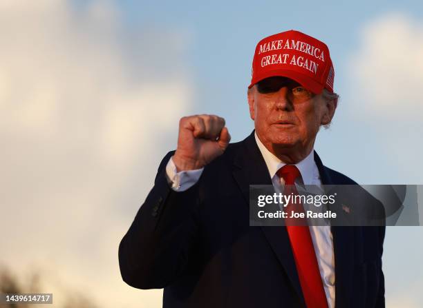 Former U.S. President Donald Trump gestures during a rally for Sen. Marco Rubio at the Miami-Dade Country Fair and Exposition on November 6, 2022 in...