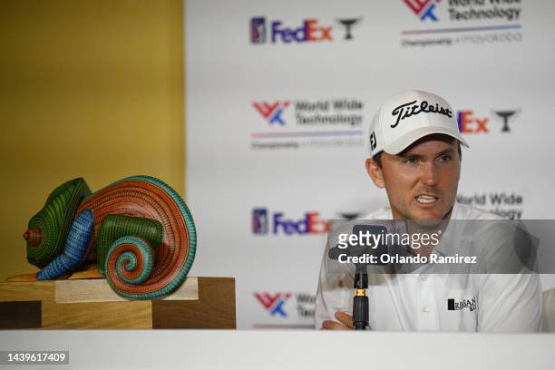 Russell Henley of United States talks during the press conference after the final round of the World Wide Technology Championship at Club de Golf El...
