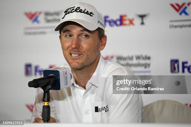 Russell Henley of United States talks during the press conference after the final round of the World Wide Technology Championship at Club de Golf El...