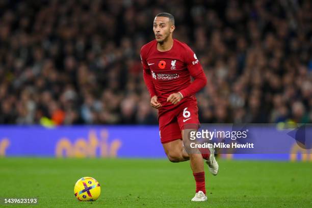 Thiago Alcantara of Liverpool in action during the Premier League match between Tottenham Hotspur and Liverpool FC at Tottenham Hotspur Stadium on...