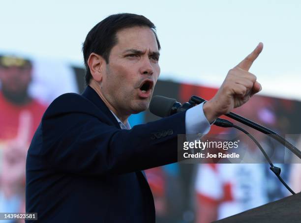 Sen. Marco Rubio speaks during a rally before the arrival of former U.S. President Donald Trump at the Miami-Dade Country Fair and Exposition on...