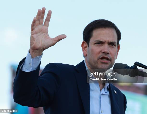 Sen. Marco Rubio speaks during a rally before the arrival of former U.S. President Donald Trump at the Miami-Dade Country Fair and Exposition on...