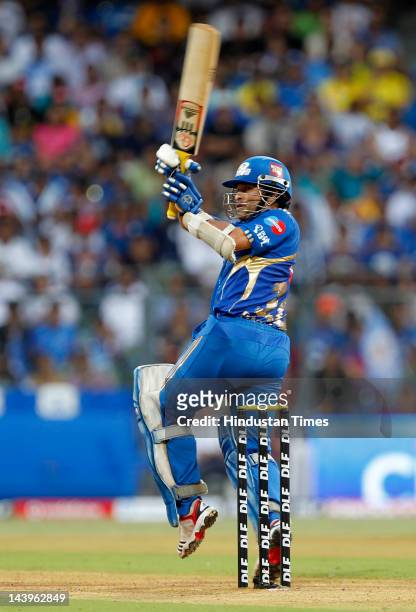 Mumbai Indians batsman Sachin Tendulkar plays a shot during their IPL T20 match played at Wankhede Stadium on May 6, 2012 in Mumbai, India. (Photo by...