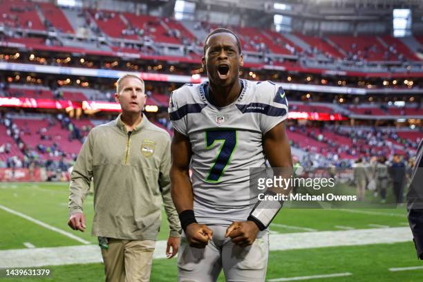 Geno Smith of the Seattle Seahawks reacts following an NFL Football game between the Arizona Cardinals and the Seattle Seahawks at State Farm Stadium...