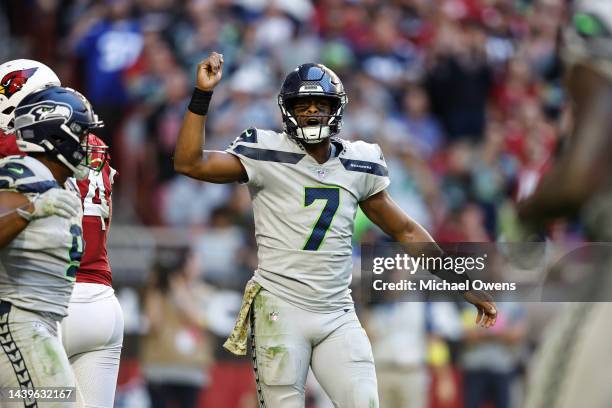 Geno Smith of the Seattle Seahawks reacts during an NFL Football game between the Arizona Cardinals and the Seattle Seahawks at State Farm Stadium on...