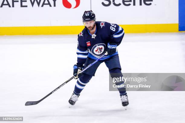 Sam Gagner of the Winnipeg Jets keeps an eye on the play during second period action against the Montreal Canadiens at the Canada Life Centre on...