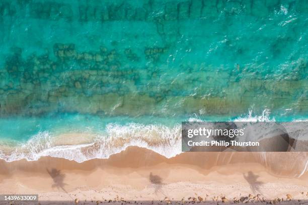 aerial view of aqua marine ocean with waves breaking on white sand beach with palm tree shadows - emerald green stock pictures, royalty-free photos & images