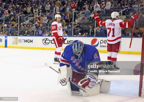 Jaroslav Halak of the New York Rangers reacts after giving up the game winning goal to Dominik Kubalik of the Detroit Red Wings at Madison Square...