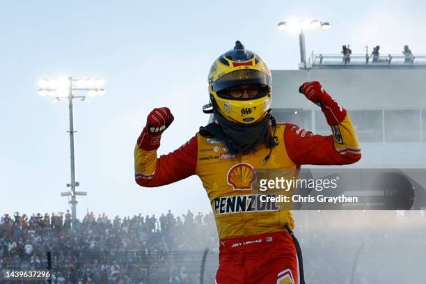Joey Logano, driver of the Shell Pennzoil Ford, celebrates after winning the 2022 NASCAR Cup Series Championship at Phoenix Raceway on November 06,...