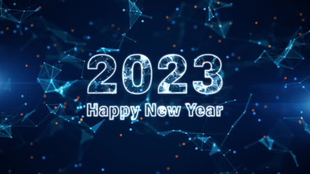Happy New Year 2023 Animation on Technology Network Background. Great for New Year, Christmas, Festival, Technology Abstract Background Concept. 4k