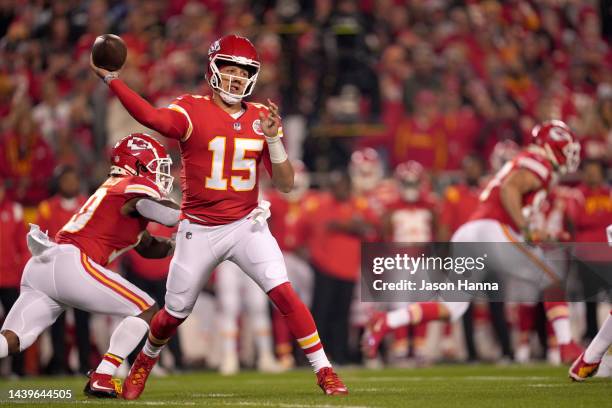 Patrick Mahomes of the Kansas City Chiefs passes the ball against the Tennessee Titans in the first half at Arrowhead Stadium on November 06, 2022 in...