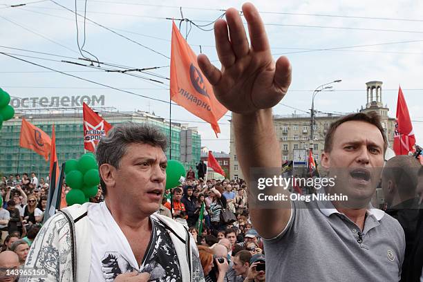 Opposition leaders Boris Nemtsov and Alexey Navalny during a 'March of Millions' protest rally against Vladimir Putin's return in Moscow, Russia on...