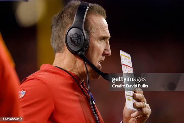 Kansas City Chiefs defensive coordinator Steve Spagnuolo stands on the sidelines during their game against the Tennessee Titans in the second half at...