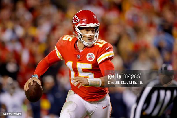 Patrick Mahomes of the Kansas City Chiefs looks to pass the ball against the Tennessee Titans in the second half at Arrowhead Stadium on November 06,...