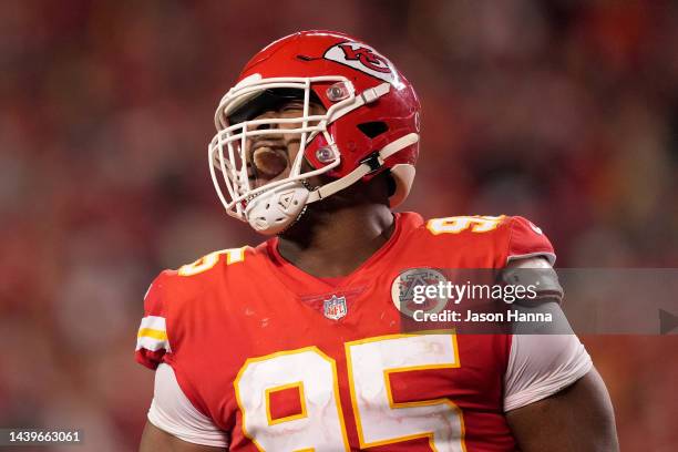 Chris Jones of the Kansas City Chiefs celebrates after making a sack against the Tennessee Titans in overtime at Arrowhead Stadium on November 06,...