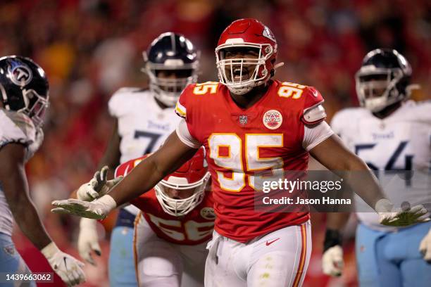 Chris Jones of the Kansas City Chiefs celebrates after making a sack against the Tennessee Titans in overtime at Arrowhead Stadium on November 06,...