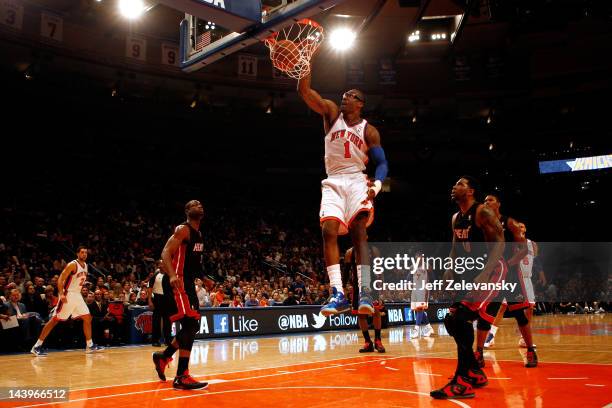 Amare Stoudemire of the New York Knicks dunks in the first half against the Miami Heat in Game Four of the Eastern Conference Quarterfinals in the...