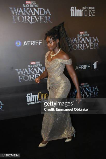 Lupita Nyong'o poses on arrival for "Black Panther: Wakanda Forever" African Premiere, at Filmhouse Cinemas IMAX Lekki on November 06, 2022 in Lagos,...