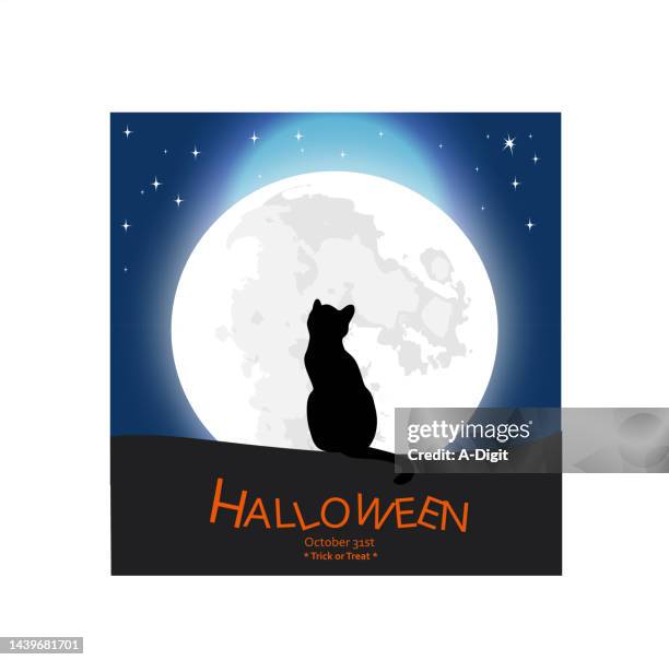 bildbanksillustrationer, clip art samt tecknat material och ikoner med pumpkin friends full moon cat orange - black cat and moon
