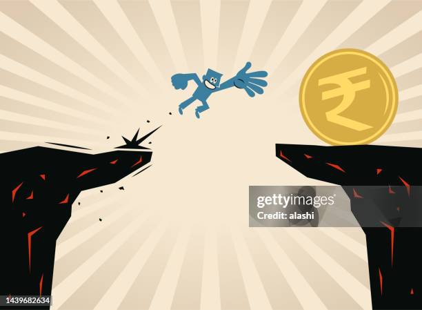 a man jumping through the gap to achieve his financial goals - achievement gap stock illustrations