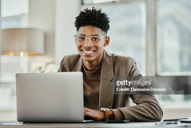 black businessman, laptop or vision glasses in creative digital marketing startup, company or designer brand office. portrait, smile or happy worker, employee or intern with technology goals or ideas - trainee program stock pictures, royalty-free photos & images