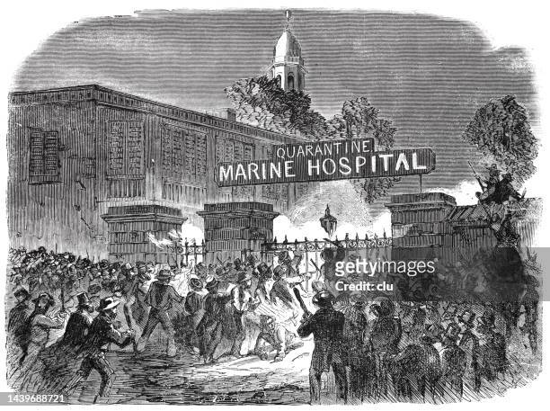bildbanksillustrationer, clip art samt tecknat material och ikoner med new york city, attack on the quarantine hospital, 1858 - 1858