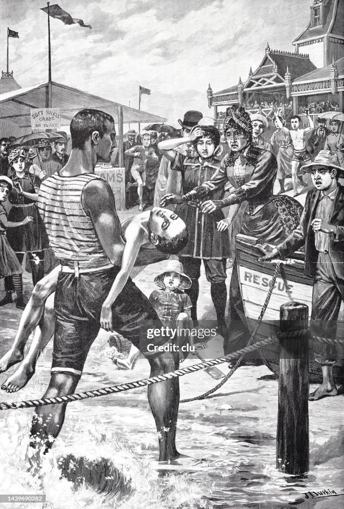 New York City, lifesaving at Coney island, young man carries a rescued to the beach to the waiting mother, 1889