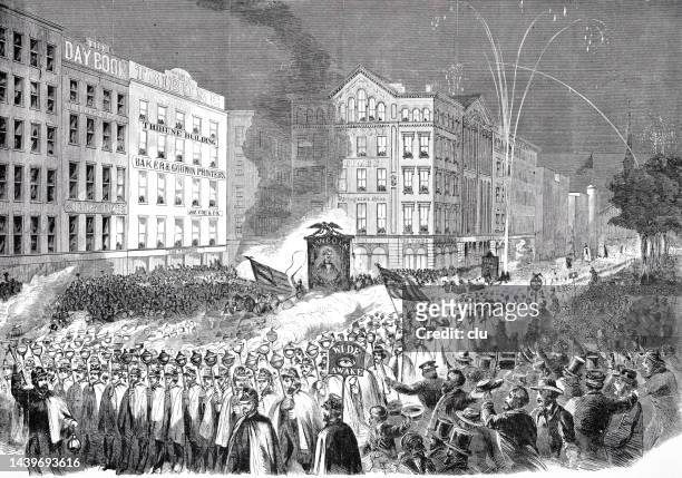 stockillustraties, clipart, cartoons en iconen met new york city, republican procession of the wide-awakes, printing-house-square, 1860 - 1860