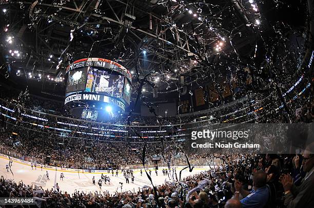 Fans celebrate after the Los Angeles Kings defeat the St. Louis Blues in Game Four of the Western Conference Semifinals during the 2012 NHL Stanley...