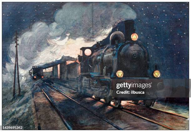 ilustraciones, imágenes clip art, dibujos animados e iconos de stock de imagen antigua: locomotora de noche - tren de vapor