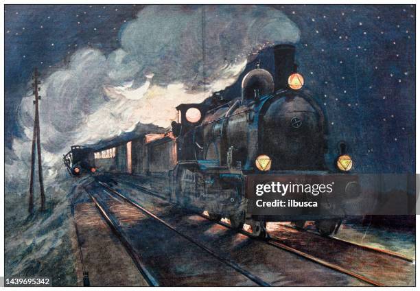 illustrations, cliparts, dessins animés et icônes de image ancienne: locomotive la nuit - train à vapeur