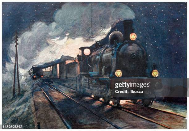 antique image: locomotive at night - steam train stock illustrations