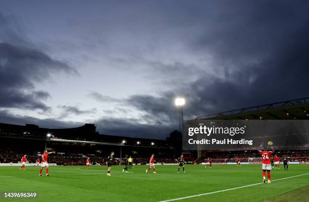 General view inside the stadium as Serge Aurier of Nottingham Forest takes a throw in during the Premier League match between Nottingham Forest and...