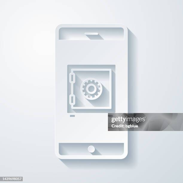 stockillustraties, clipart, cartoons en iconen met smartphone with safe box. icon with paper cut effect on blank background - safety deposit box