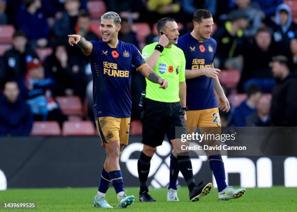 Bruno Guimarae of United celebrates his goal during the Premier League match between Southampton FC and Newcastle United at Friends Provident St....