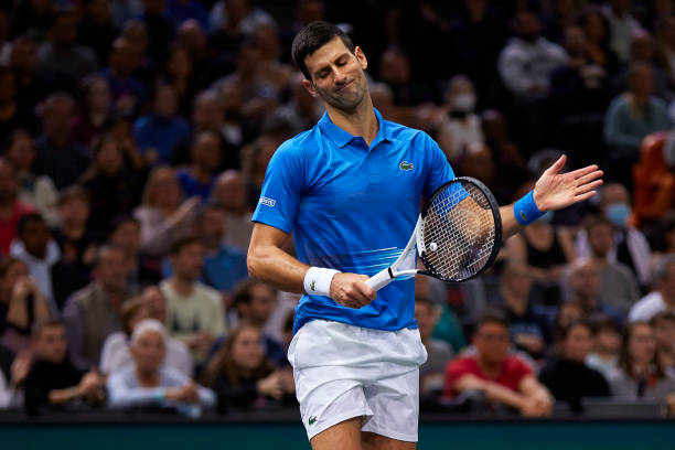 Novak Djokovic of Serbia reacts against Holger Vitus Nodskov Rune of Denmark in the final during Day Seven of the Rolex Paris Masters tennis at...