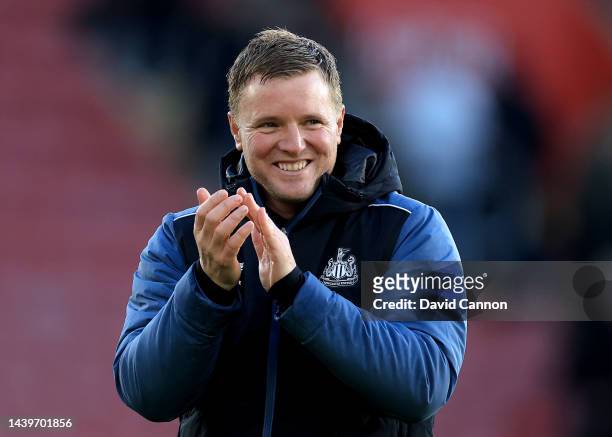 Eddie Howe the manager of Newcastle United celebrates in front of the Newcastle supporters after the Premier League match between Southampton FC and...