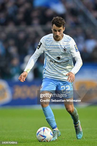 Christopher Lannert of TSV 1860 Muenchen plays the ball during the 3. Liga match between TSV 1860 München and 1. FC Saarbrücken at Stadion an der...