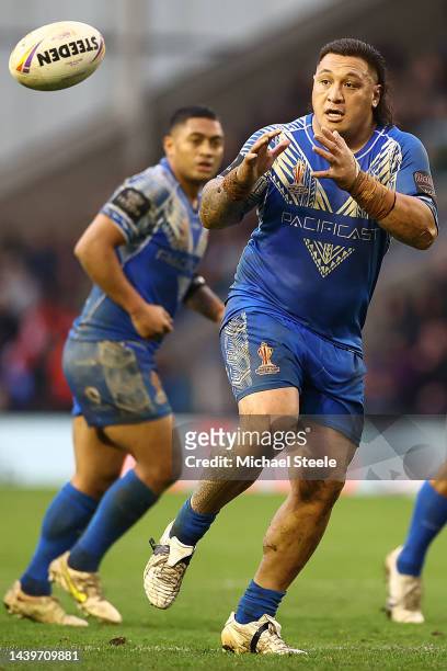 Josh Papali'l of Samoa during Rugby League World Cup Quarter Final match between Tonga and Samoa at The Halliwell Jones Stadium on November 06, 2022...