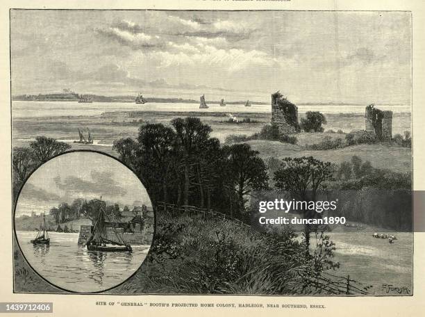 site of the salvation army farm colony and ruins of hadleigh castle, hadleigh, essex, victorian, 1890s, 19th century - essex stock illustrations