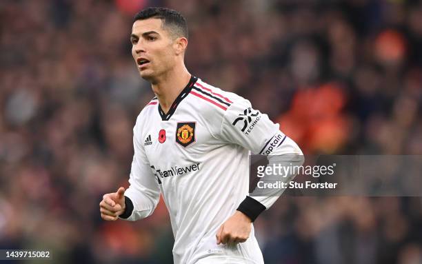 Captain, Cristiano Ronaldo of Manchester United in action during the Premier League match between Aston Villa and Manchester United at Villa Park on...