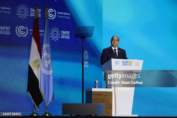 Egyptian President Abdel Fattah El-Sisi speaks during the Sharm El-Sheikh Climate Implementation Summit of the UNFCCC COP27 climate conference on...