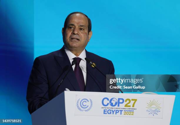 Egyptian President Abdel Fattah El-Sisi speaks during the Sharm El-Sheikh Climate Implementation Summit of the UNFCCC COP27 climate conference on...