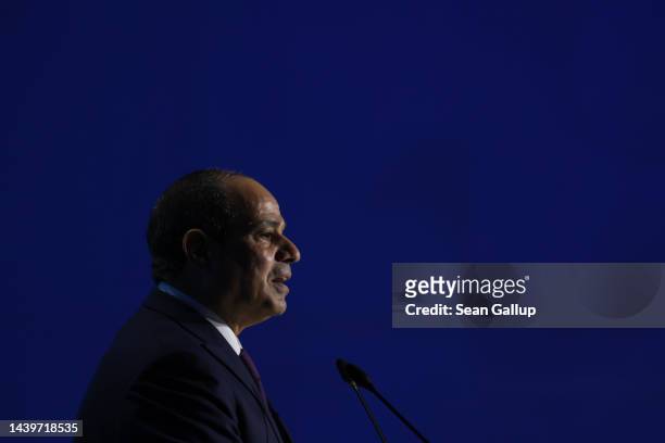 Egyptian President Abdel Fattah El-Sisi speaks during the Sharm El-Sheikh Climate Implementation Summit of the UNFCCC COP27 climate conference on...