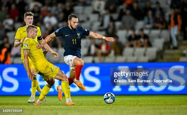 Amine Gouiri of France in action against Volodymyr Brazhko of Ukraine during the UEFA Under-21 EURO 2023 Finals Quarter-Final match between France...