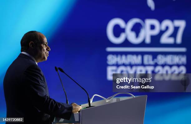 Egyptian President Abdel Fattah El-Sisi speaks during the Sharm El-Sheikh Climate Implementation Summit of the UNFCCC COP27 climate conference on...