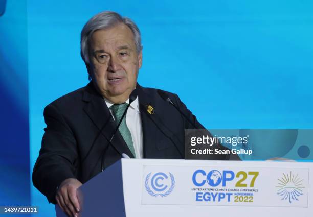 United Nations Secretary-General Antonio Guterres speaks during the Sharm El-Sheikh Climate Implementation Summit of the UNFCCC COP27 climate...