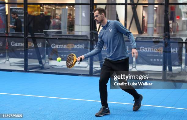 Andy Murray plays Padel at the Game4Padel pop-up event. Game4Padel brings the world's fastest growing sport to Westfield London with a pop-up at...