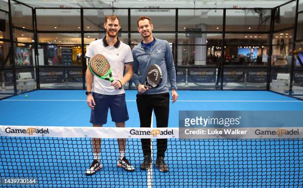 Andy Murray and Jamie Murray play Padel at the Game4Padel pop-up event. Game4Padel brings the world's fastest growing sport to Westfield London with...
