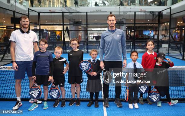 Andy Murray and Jamie Murray play Padel with local school children at the Game4Padel pop-up event. Game4Padel brings the world's fastest growing...